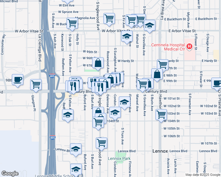 map of restaurants, bars, coffee shops, grocery stores, and more near 1221 Rosewood Avenue in Inglewood