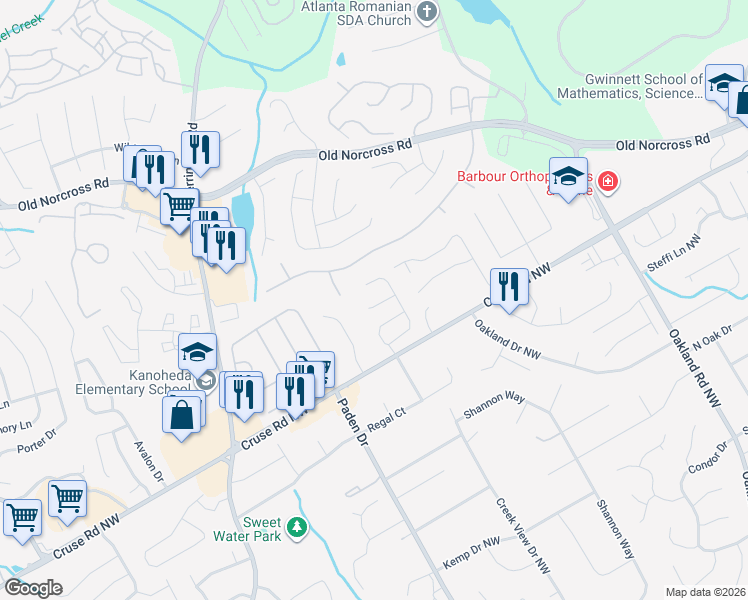 map of restaurants, bars, coffee shops, grocery stores, and more near 2369 Newbury Oaks Court in Lawrenceville
