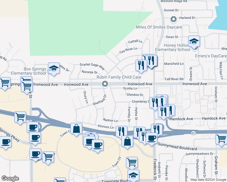 map of restaurants, bars, coffee shops, grocery stores, and more near 12062 Riparian Way in Moreno Valley