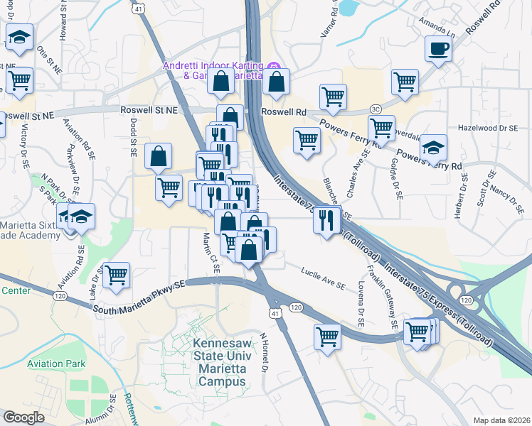 map of restaurants, bars, coffee shops, grocery stores, and more near 1233 Kasandra Drive Southeast in Marietta