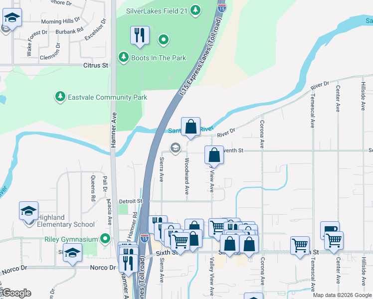 map of restaurants, bars, coffee shops, grocery stores, and more near 4292 Woodward Avenue in Norco