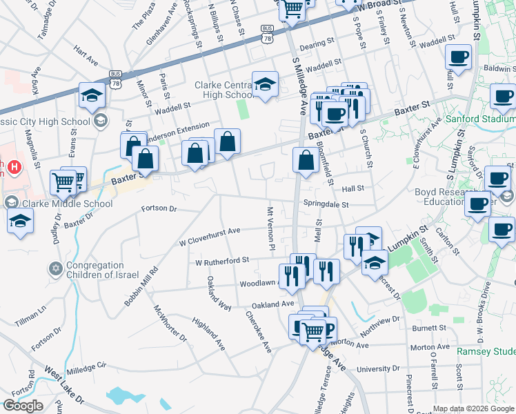 map of restaurants, bars, coffee shops, grocery stores, and more near 87-99 Myrna Court in Athens