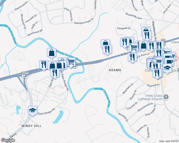 map of restaurants, bars, coffee shops, grocery stores, and more near 200 Sycamore Drive in Athens