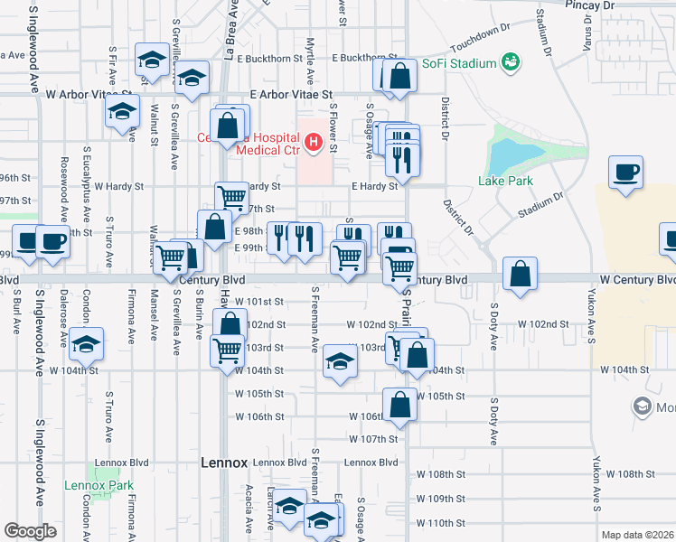 map of restaurants, bars, coffee shops, grocery stores, and more near 4115 West Century Boulevard in Inglewood