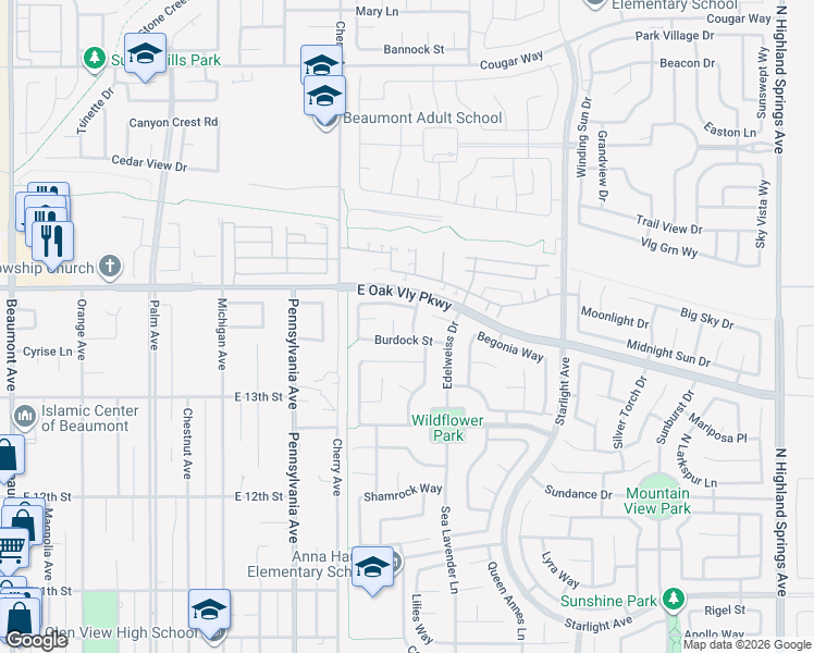 map of restaurants, bars, coffee shops, grocery stores, and more near 1379 Grapeseed Lane in Beaumont