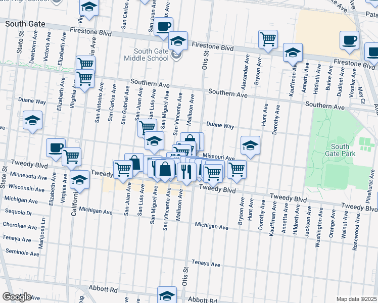 map of restaurants, bars, coffee shops, grocery stores, and more near 9611 Mallison Avenue in South Gate