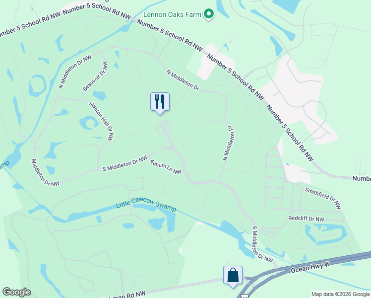map of restaurants, bars, coffee shops, grocery stores, and more near 8930 Rosewood Court Northwest in Calabash
