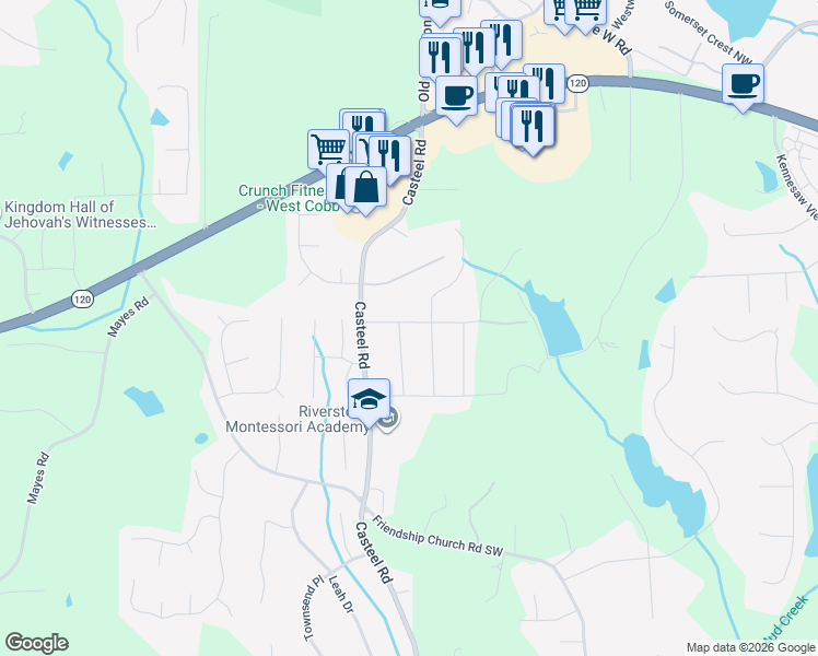 map of restaurants, bars, coffee shops, grocery stores, and more near 3763 Cambridge Drive Southwest in Marietta