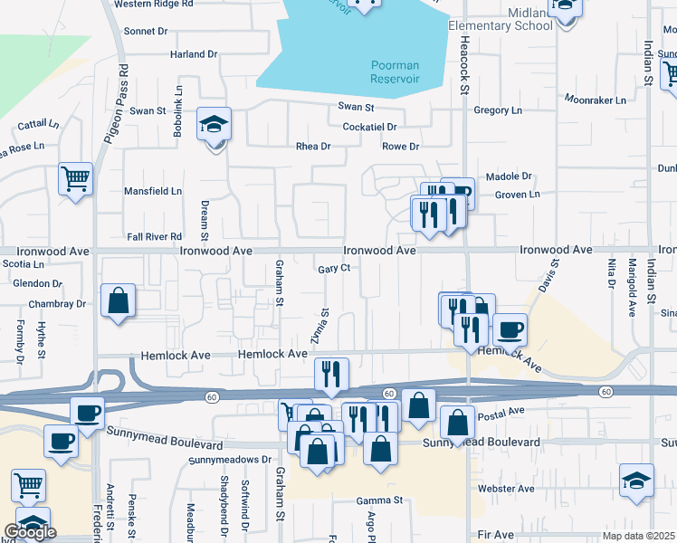 map of restaurants, bars, coffee shops, grocery stores, and more near 12045 Bayless Street in Moreno Valley