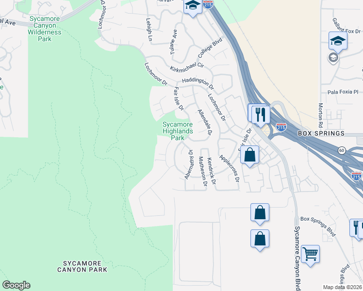 map of restaurants, bars, coffee shops, grocery stores, and more near 5857 Paisley Court in Riverside