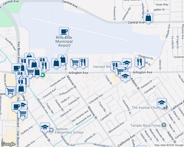 map of restaurants, bars, coffee shops, grocery stores, and more near 6511 Arlington Avenue in Riverside
