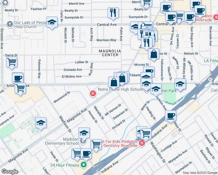map of restaurants, bars, coffee shops, grocery stores, and more near 4609 Arlington Avenue in Riverside