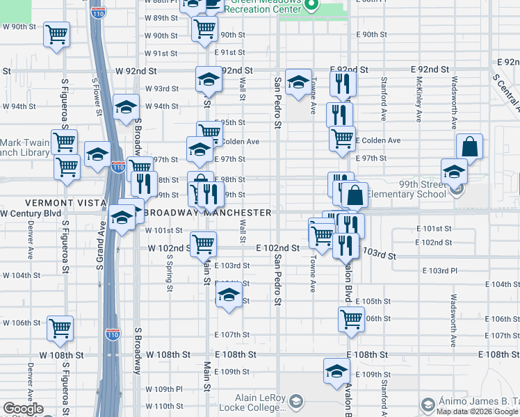 map of restaurants, bars, coffee shops, grocery stores, and more near 232 East 99th Street in Los Angeles