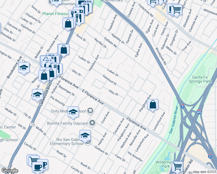 map of restaurants, bars, coffee shops, grocery stores, and more near 9263 Otto Street in Downey