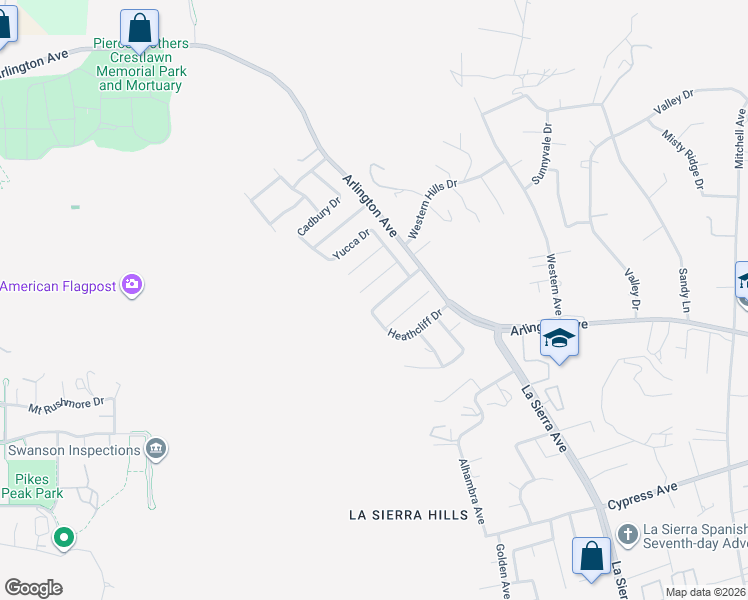 map of restaurants, bars, coffee shops, grocery stores, and more near 11271 Sweetwater Drive in Riverside