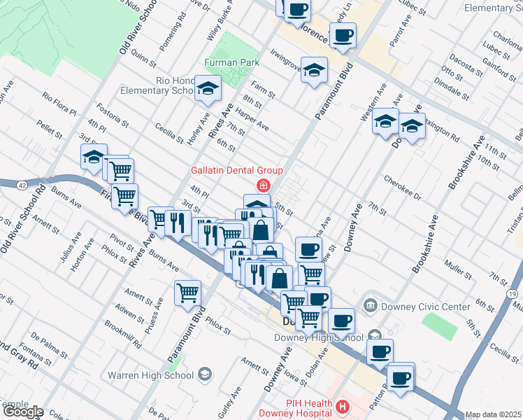 map of restaurants, bars, coffee shops, grocery stores, and more near Paramount Boulevard & 4th Street in Downey