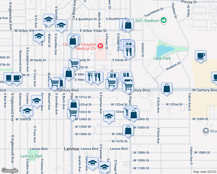 map of restaurants, bars, coffee shops, grocery stores, and more near 4115 West Century Boulevard in Inglewood