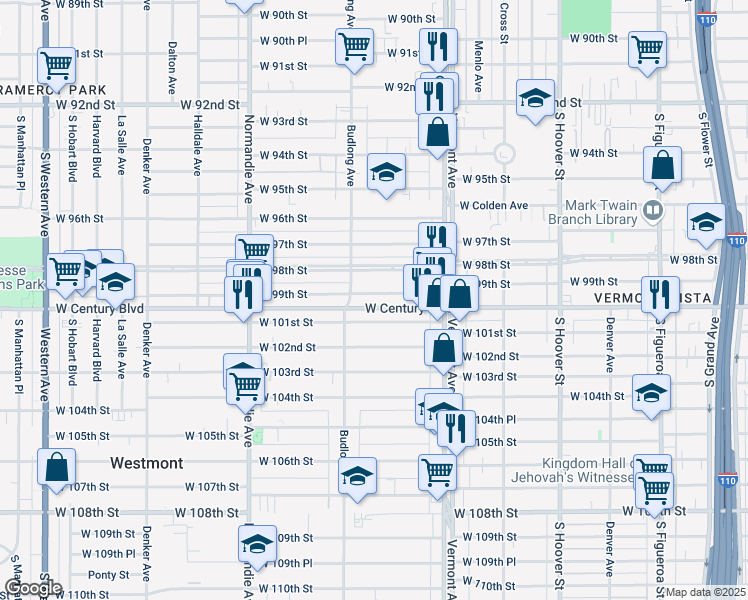 map of restaurants, bars, coffee shops, grocery stores, and more near 1110 West 98th Street in Los Angeles