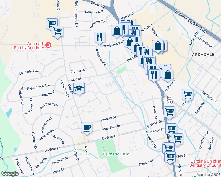 map of restaurants, bars, coffee shops, grocery stores, and more near 1038 North Guignard Drive in Sumter