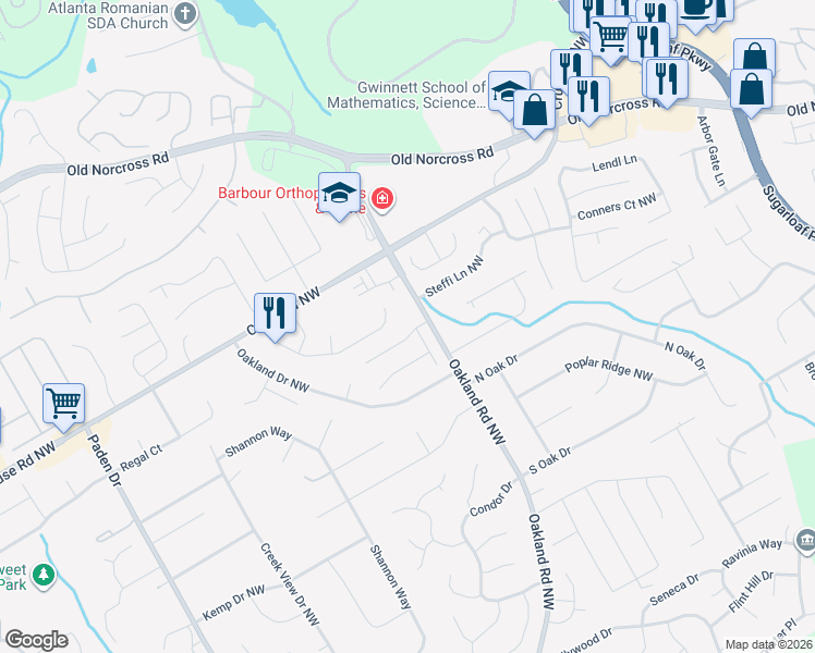 map of restaurants, bars, coffee shops, grocery stores, and more near 2147 Oakland Walk Drive in Lawrenceville
