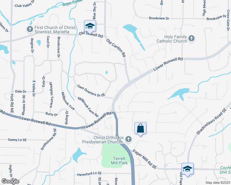 map of restaurants, bars, coffee shops, grocery stores, and more near 3027 Lower Roswell Road in Marietta