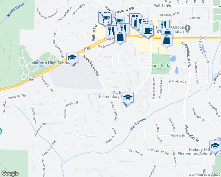 map of restaurants, bars, coffee shops, grocery stores, and more near 145 Kimberly Way Southwest in Marietta