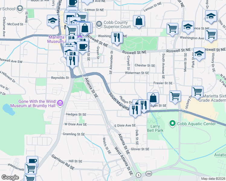 map of restaurants, bars, coffee shops, grocery stores, and more near 365 Southeast Alexander Circle in Marietta
