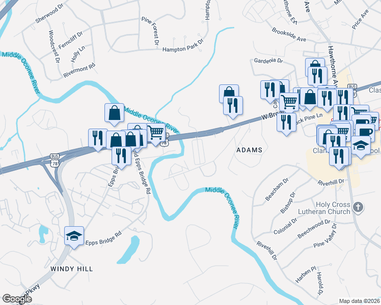 map of restaurants, bars, coffee shops, grocery stores, and more near 2505 West Broad Street in Athens