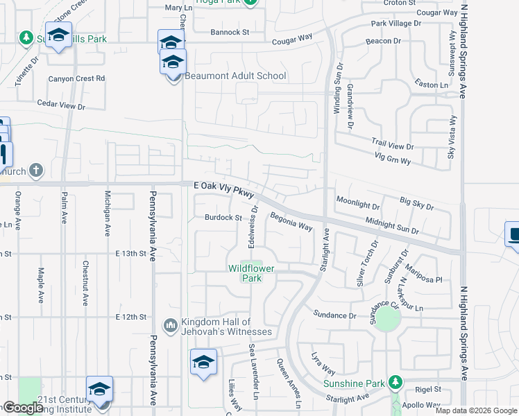 map of restaurants, bars, coffee shops, grocery stores, and more near 1386 Edelweiss Drive in Beaumont