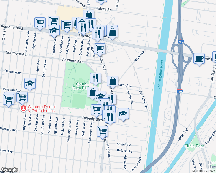 map of restaurants, bars, coffee shops, grocery stores, and more near 4963 Southern Avenue in South Gate