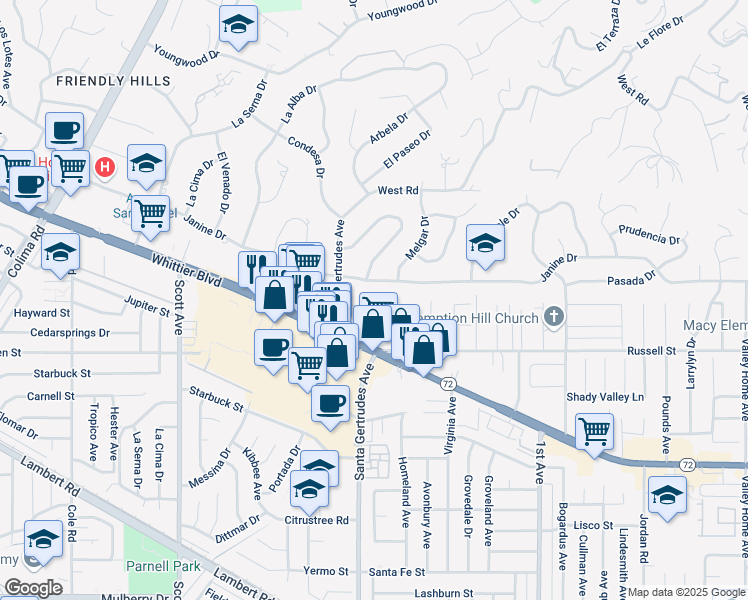 map of restaurants, bars, coffee shops, grocery stores, and more near 15749 Lindskog Drive in Whittier
