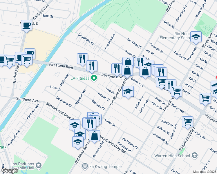 map of restaurants, bars, coffee shops, grocery stores, and more near 11506 Haro Avenue in Downey