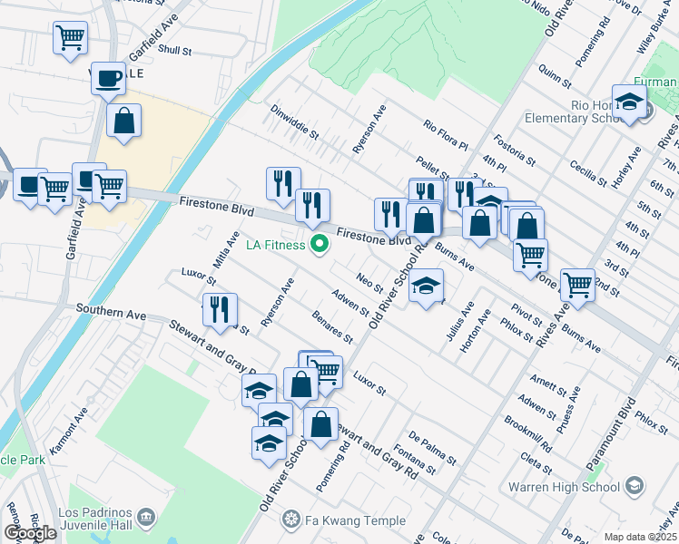 map of restaurants, bars, coffee shops, grocery stores, and more near 7230 Firestone Boulevard in Downey