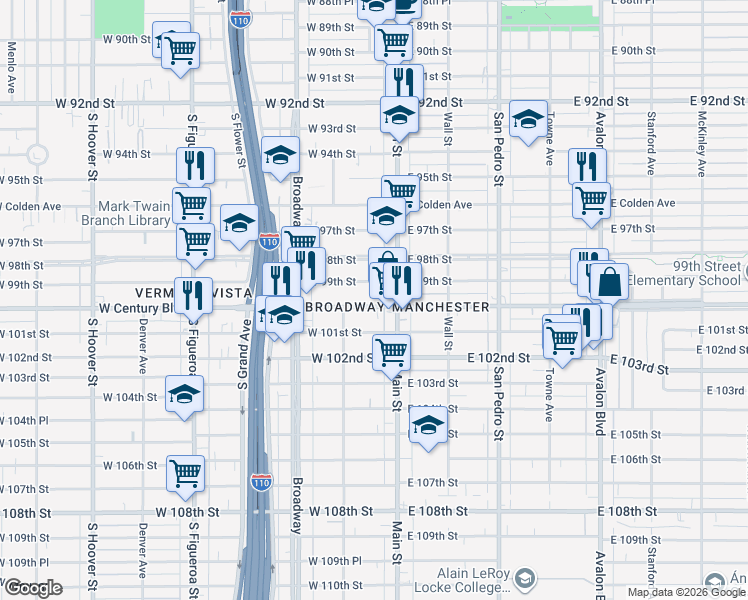map of restaurants, bars, coffee shops, grocery stores, and more near 135 West 99th Street in Los Angeles