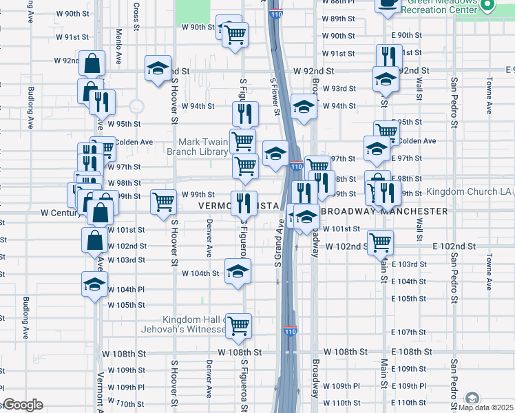 map of restaurants, bars, coffee shops, grocery stores, and more near 9900 South Figueroa Street in Los Angeles