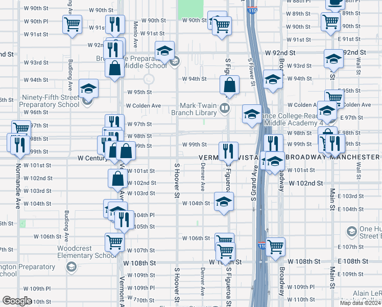 map of restaurants, bars, coffee shops, grocery stores, and more near 621 West 99th Street in Los Angeles