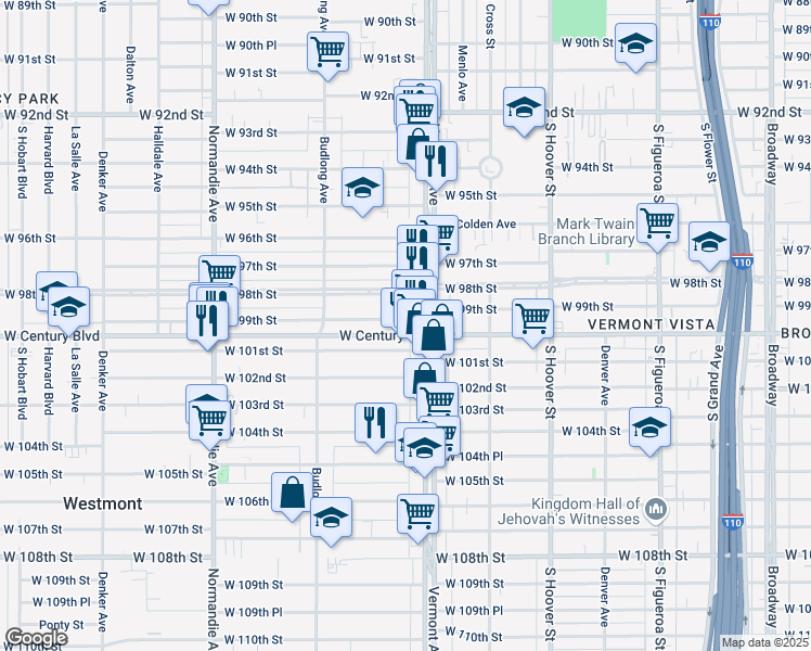 map of restaurants, bars, coffee shops, grocery stores, and more near 1026 West 98th Street in Los Angeles