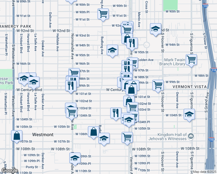 map of restaurants, bars, coffee shops, grocery stores, and more near 1110 West 98th Street in Los Angeles
