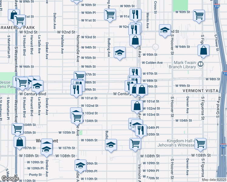 map of restaurants, bars, coffee shops, grocery stores, and more near 9805 Budlong Avenue in Los Angeles