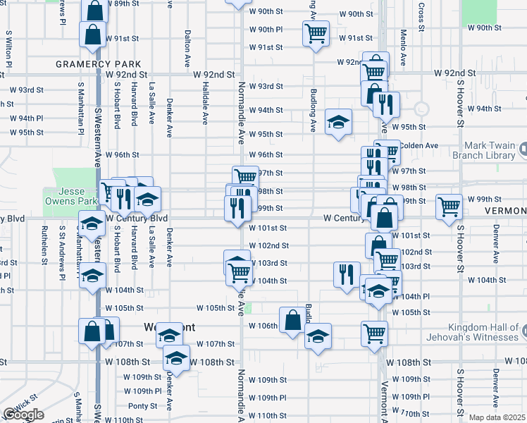 map of restaurants, bars, coffee shops, grocery stores, and more near 1326 West 98th Street in Los Angeles