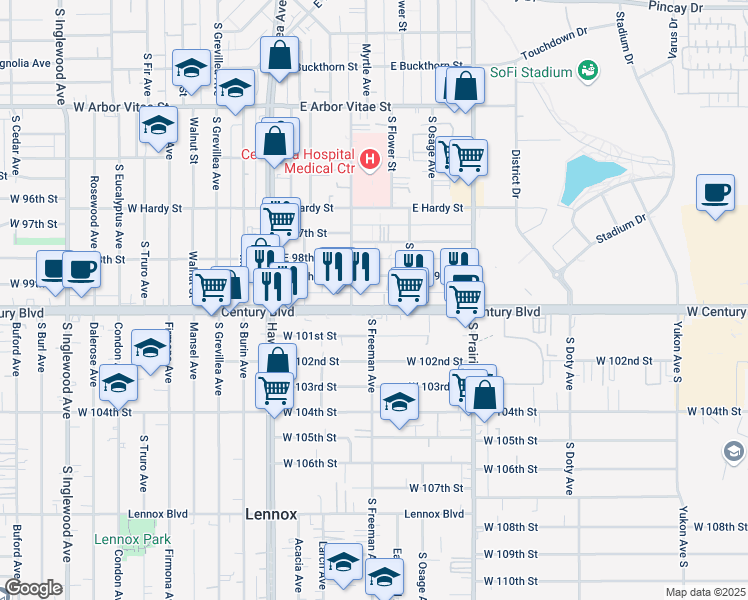 map of restaurants, bars, coffee shops, grocery stores, and more near 508 East 99th Street in Inglewood