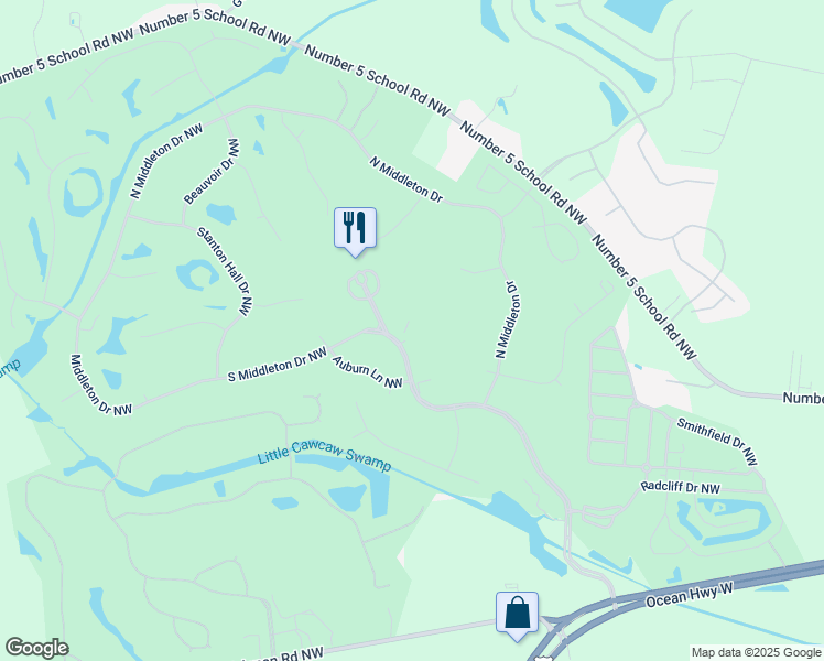 map of restaurants, bars, coffee shops, grocery stores, and more near 8930 Rosewood Court Northwest in Calabash