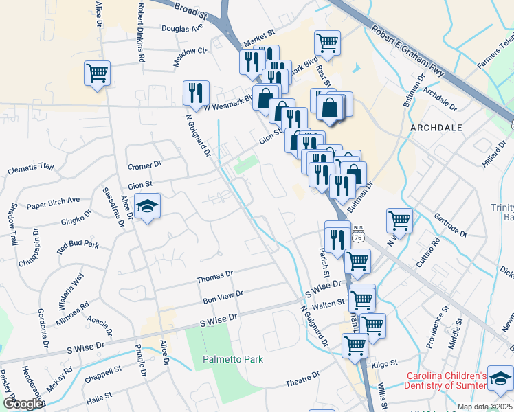 map of restaurants, bars, coffee shops, grocery stores, and more near 1010 Jessamine Trail in Sumter