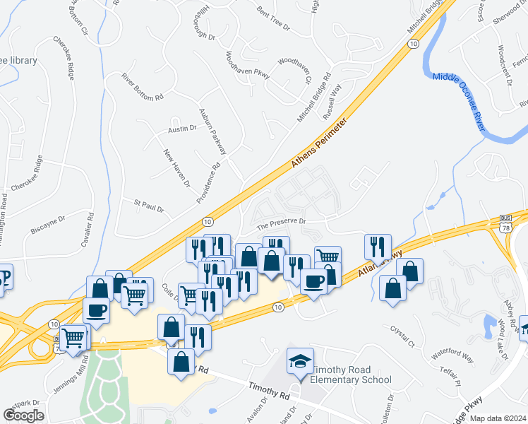 map of restaurants, bars, coffee shops, grocery stores, and more near 155 The Preserve Drive in Athens