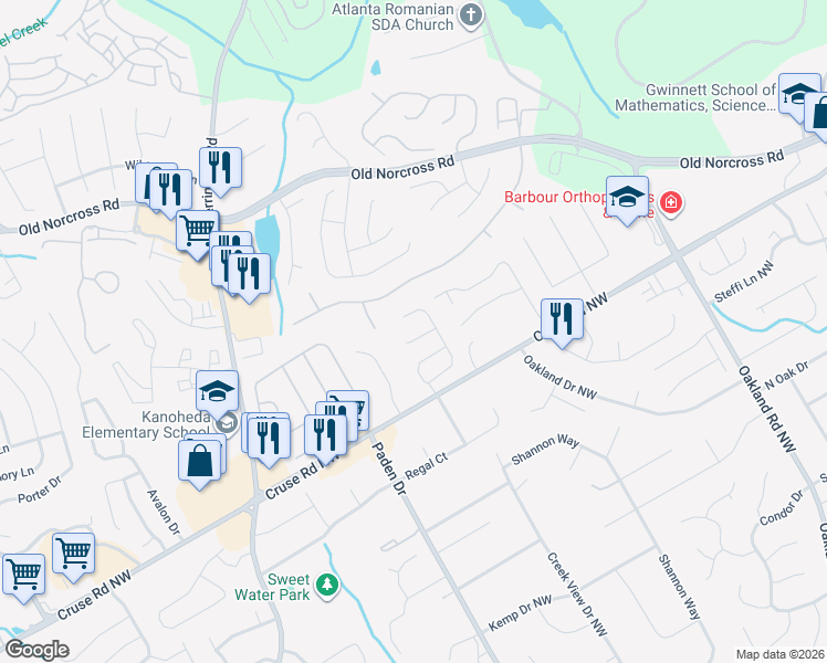 map of restaurants, bars, coffee shops, grocery stores, and more near 2369 Newbury Oaks Court in Lawrenceville