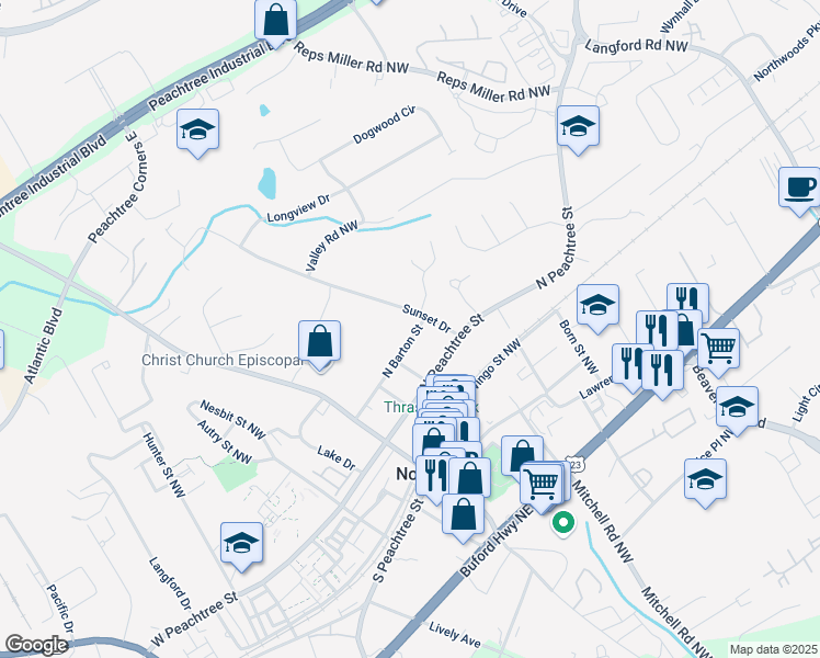 map of restaurants, bars, coffee shops, grocery stores, and more near 161 North Barton Street in Norcross