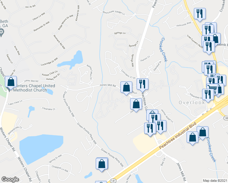 map of restaurants, bars, coffee shops, grocery stores, and more near 6687 September Eve in Norcross