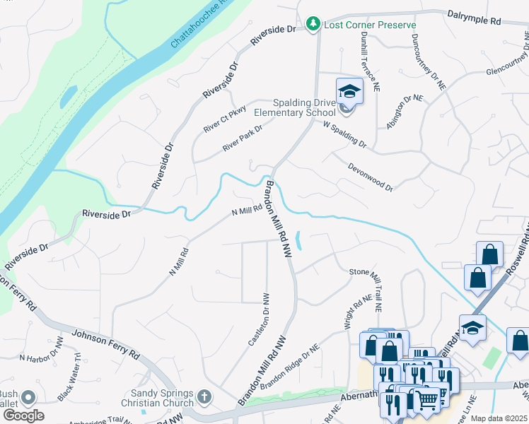 map of restaurants, bars, coffee shops, grocery stores, and more near 6985 Brandon Mill Road Northwest in Atlanta