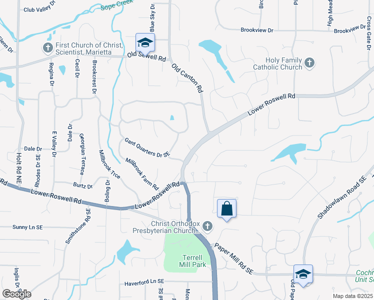 map of restaurants, bars, coffee shops, grocery stores, and more near 3027 Lower Roswell Road in Marietta
