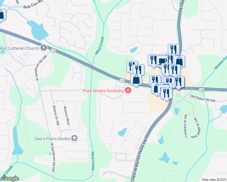 map of restaurants, bars, coffee shops, grocery stores, and more near 351 Ridge Hill Circle in Marietta